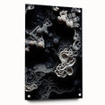 Large abstract wall art on acrylic glass featuring swirling blue and gray tones.