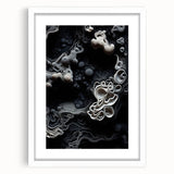 Abstract art print featuring swirling blue and gray patterns on a white framed canvas, ideal for dining room decor.