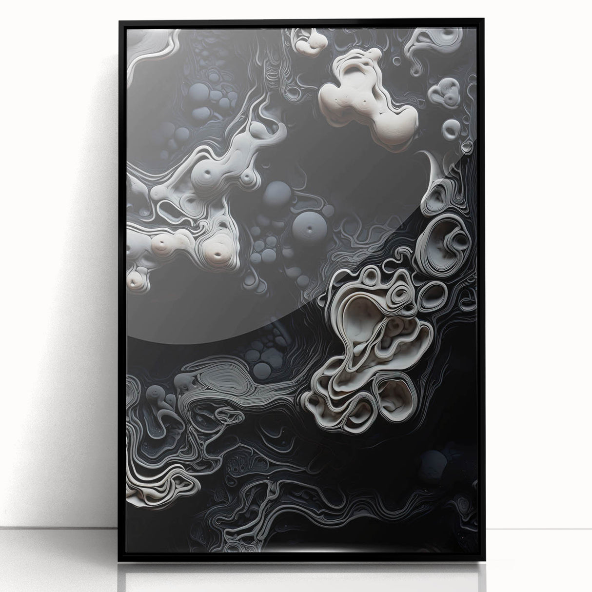 Large abstract wall art in black and white, framed acrylic print, suitable for modern art wall decor.
