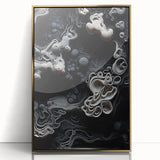 Large art print featuring mid-century modernist abstract elements in gold tones, framed in acrylic.