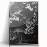 Mid-century modernist art featuring abstract shapes in silver on a framed acrylic, ideal for nursery wall decor.