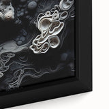 Extra large black wall art featuring colorful, textured abstract elements on a framed canvas, ideal for living room decor.