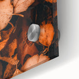 Large abstract wall art depicting autumnal hues on acrylic glass, ideal for dining room art in a mid-century modernist style.
