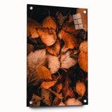 Large abstract wall art depicting fall seasons in muted orange and brown tones on acrylic glass.
