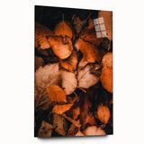 Large abstract wall art on acrylic glass depicting swirling autumnal hues, ideal for bedroom or dining room decor.