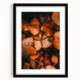 Extra large abstract art print featuring textured fall foliage in vibrant orange and yellow hues, framed in black.
