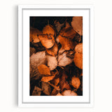 Abstract art print depicting autumnal trees in orange and red tones on a white framed poster, ideal for dining room decor.