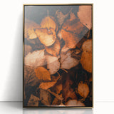 Large art print of a mid-century modernist fall scene in gold and orange tones, acrylic framed, ideal for nursery wall decor.