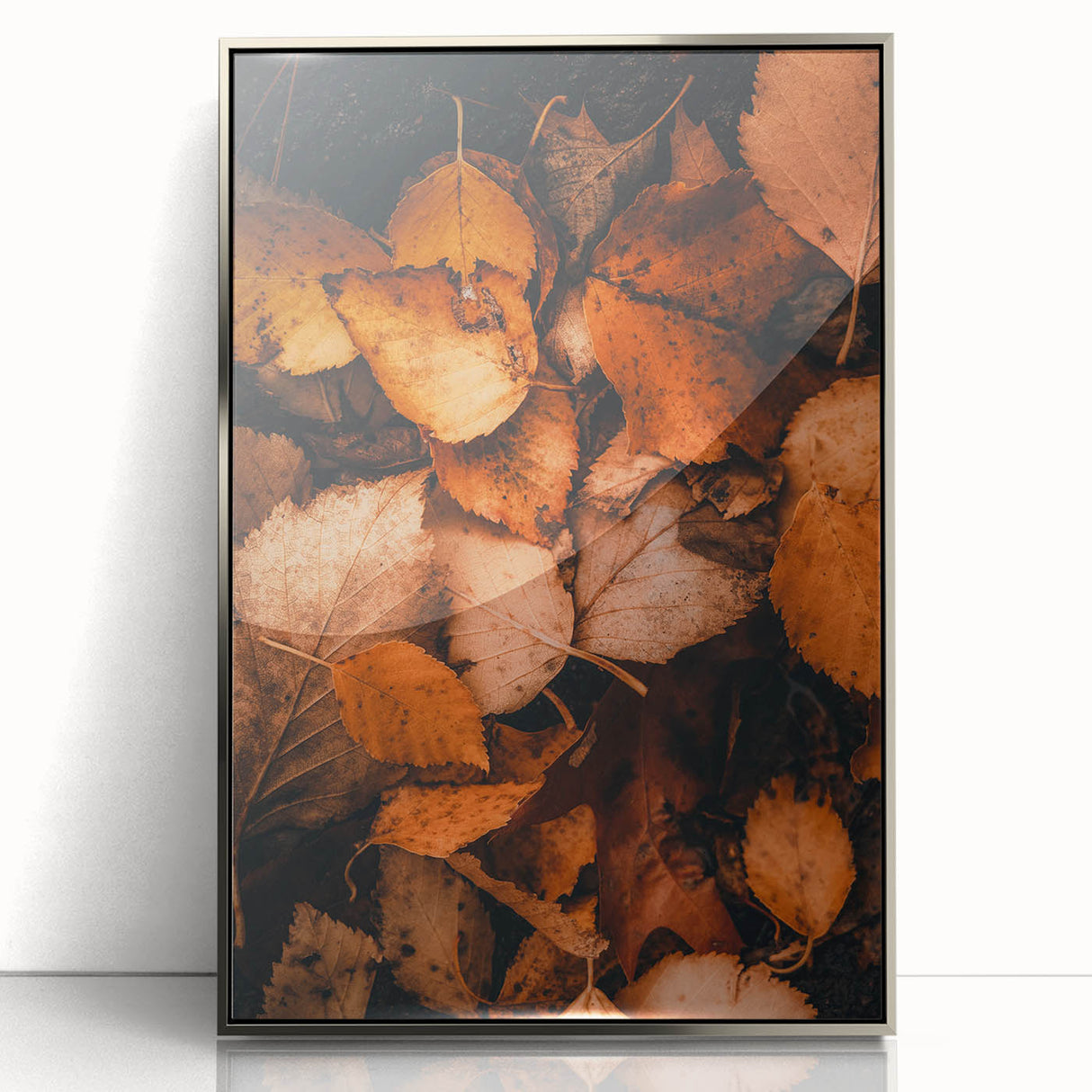 Mid-century modernist art depicting fall trees in orange and brown hues on a framed acrylic print.