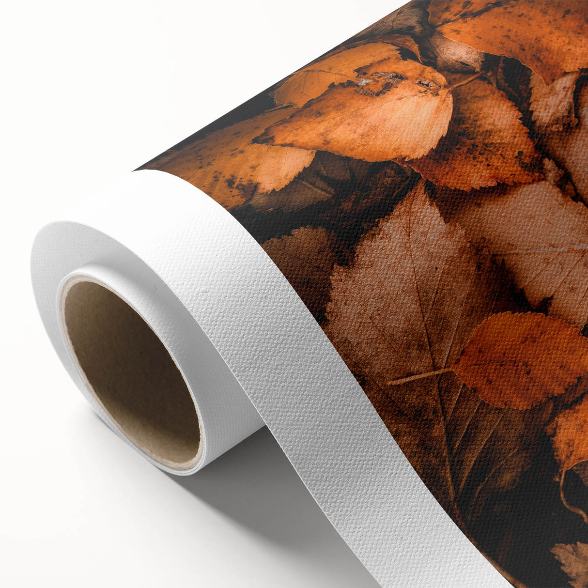 Art deco poster of autumnal trees on rolled canvas, in muted gold and brown tones, suitable as nursery wall art.