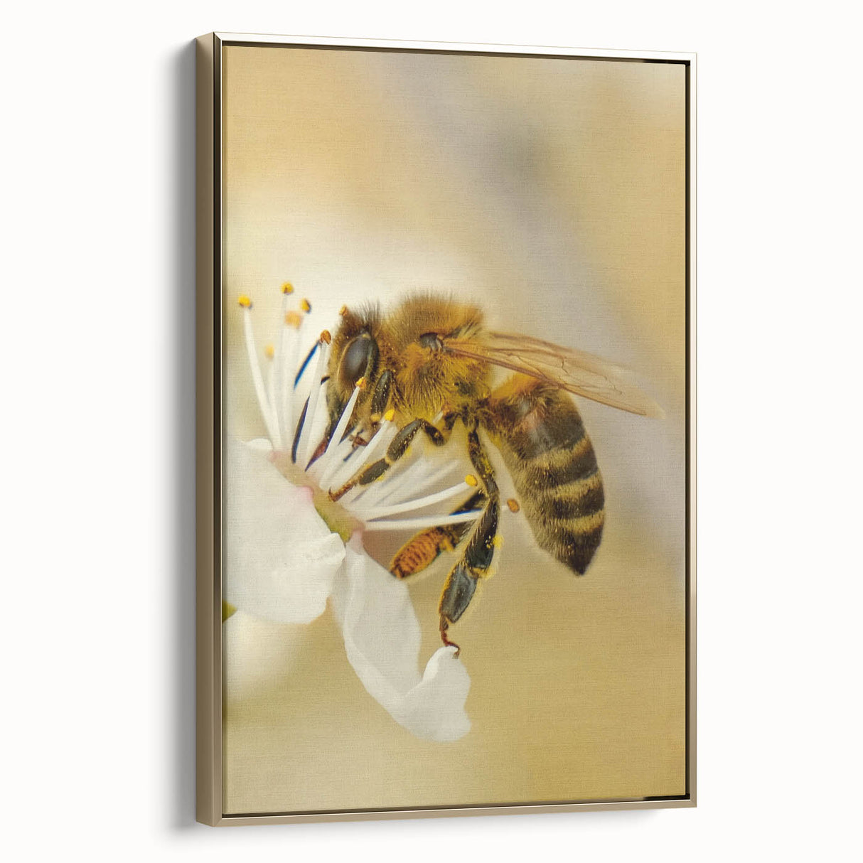 Framed canvas depicting a vintage-style landscape with spring motifs in gold and black tones, suitable for bedroom wall art.