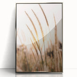 Mid-century modernist art depicting summer season in vibrant colors on a silver-framed acrylic print.