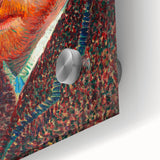 Mid-century modernist acrylic print with swirling abstract patterns in blue and orange, ideal for dining room art.