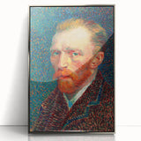Large art print of Van Gogh's Starry Night in a silver frame, featuring swirling blue and yellow tones.