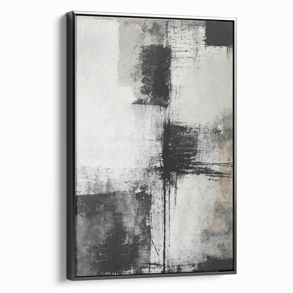 Framed abstract strokes wall art in black, showcasing dynamic brush patterns on canvas, set against a clean white background. Ideal for modern decor.