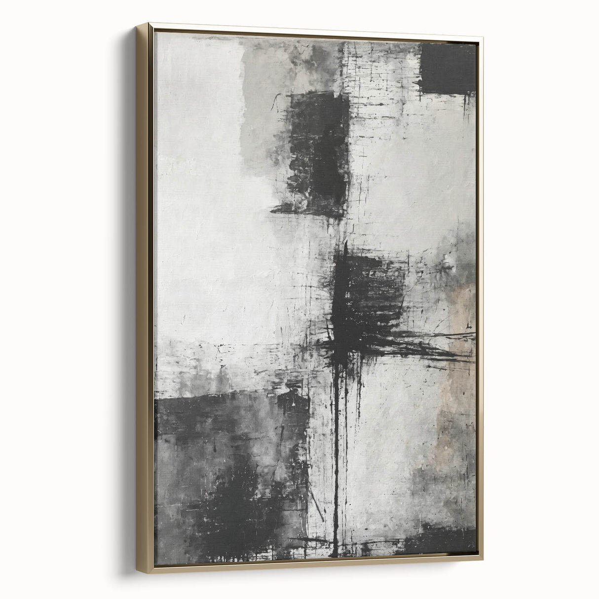 Framed abstract wall art with gold strokes on a textured canvas, showcasing an elegant side view. Ideal for modern decor, enhancing living spaces with a touch of sophistication.
