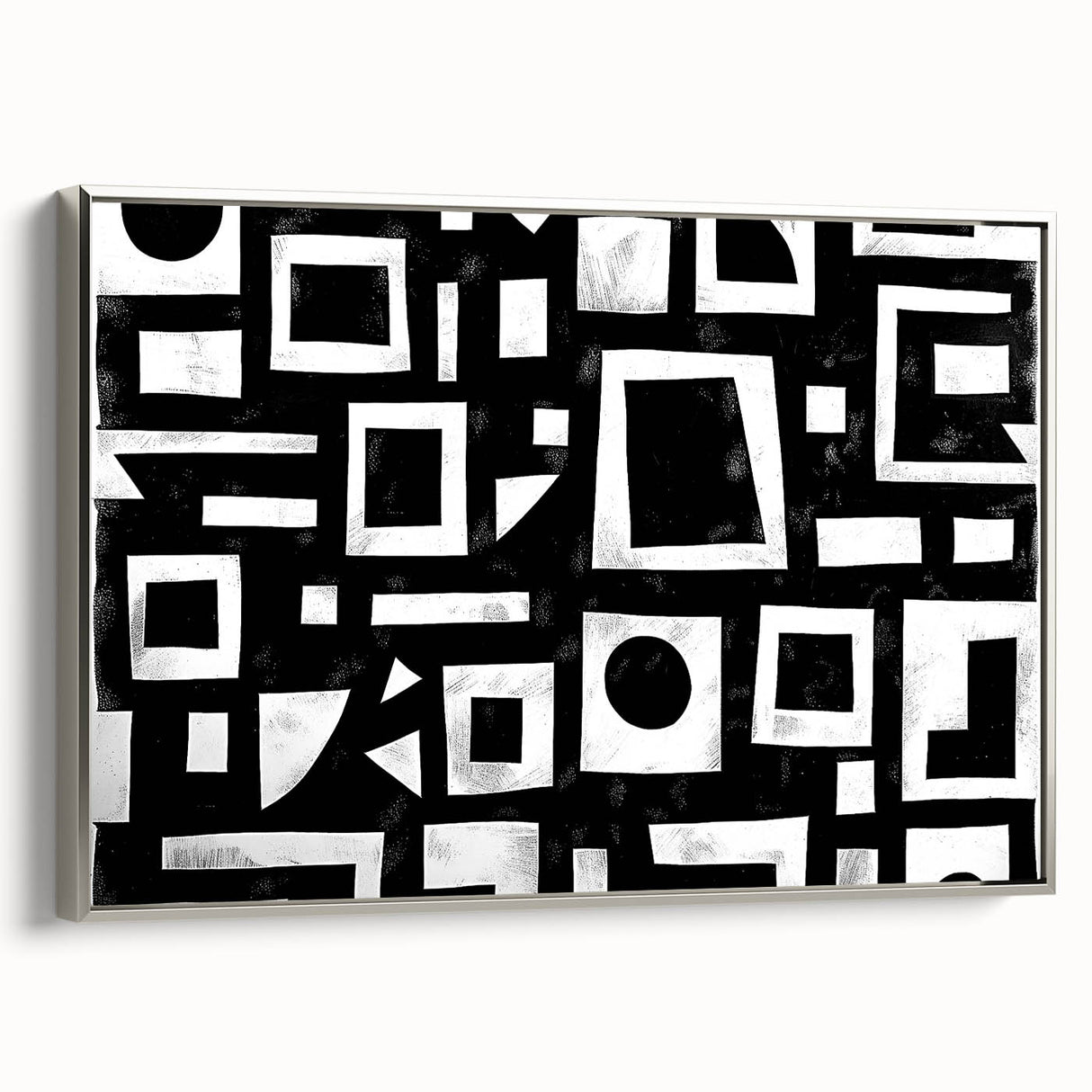 Framed canvas wall art showcasing abstract silver strokes on a textured background, enhancing modern decor with a sophisticated touch and artistic flair.