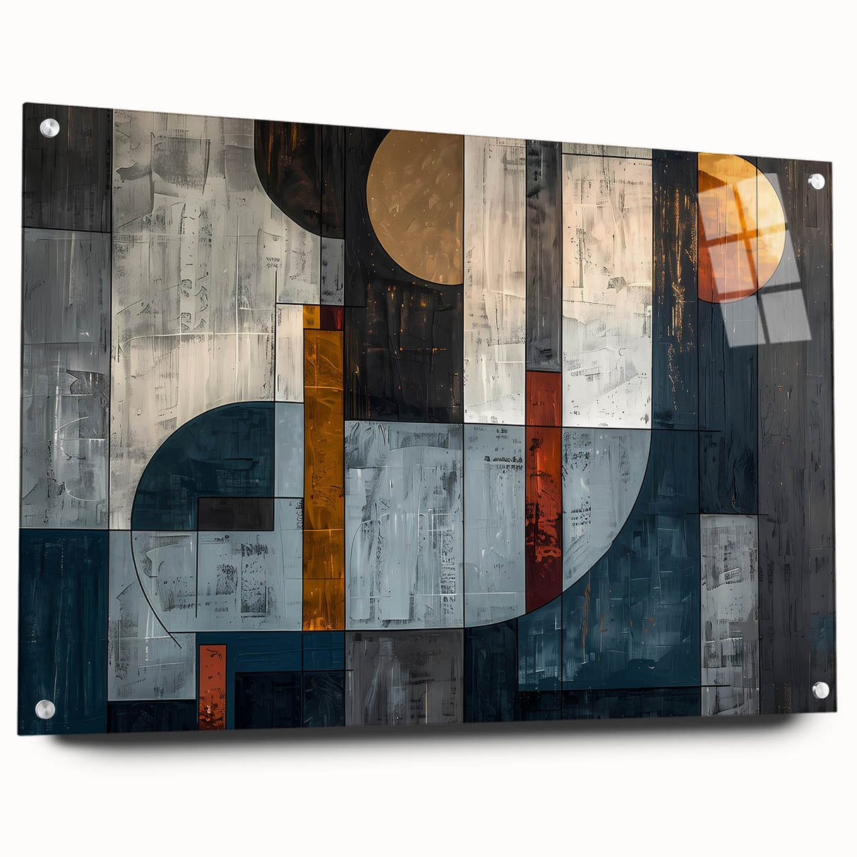 Abstract wall art featuring vibrant strokes in shades of blue, orange, and yellow, displayed in a sleek acrylic frame with visible mounting pins, ideal for modern decor.