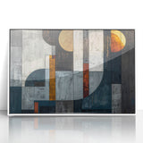 Framed abstract wall art featuring colorful strokes in shades of blue, pink, and gold, set against a white background, perfect for modern home decor.