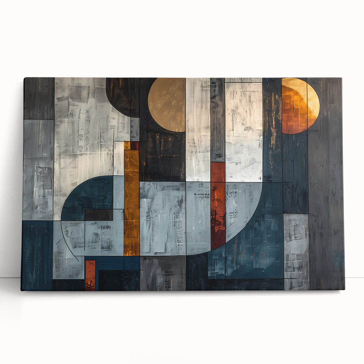 Abstract wall art featuring vibrant strokes in shades of blue, orange, and yellow on stretched canvas, leaning against a neutral wall, adding a modern touch to home decor.