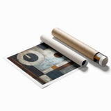 Abstract wall art print showcasing vibrant strokes in shades of blue, orange, and yellow, designed for modern home decor, rolled and ready for framing.