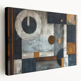 Abstract strokes wall art on stretched canvas displaying vibrant blue, orange, and gold hues. Ideal for modern decor, enhancing any living space with artistic flair.