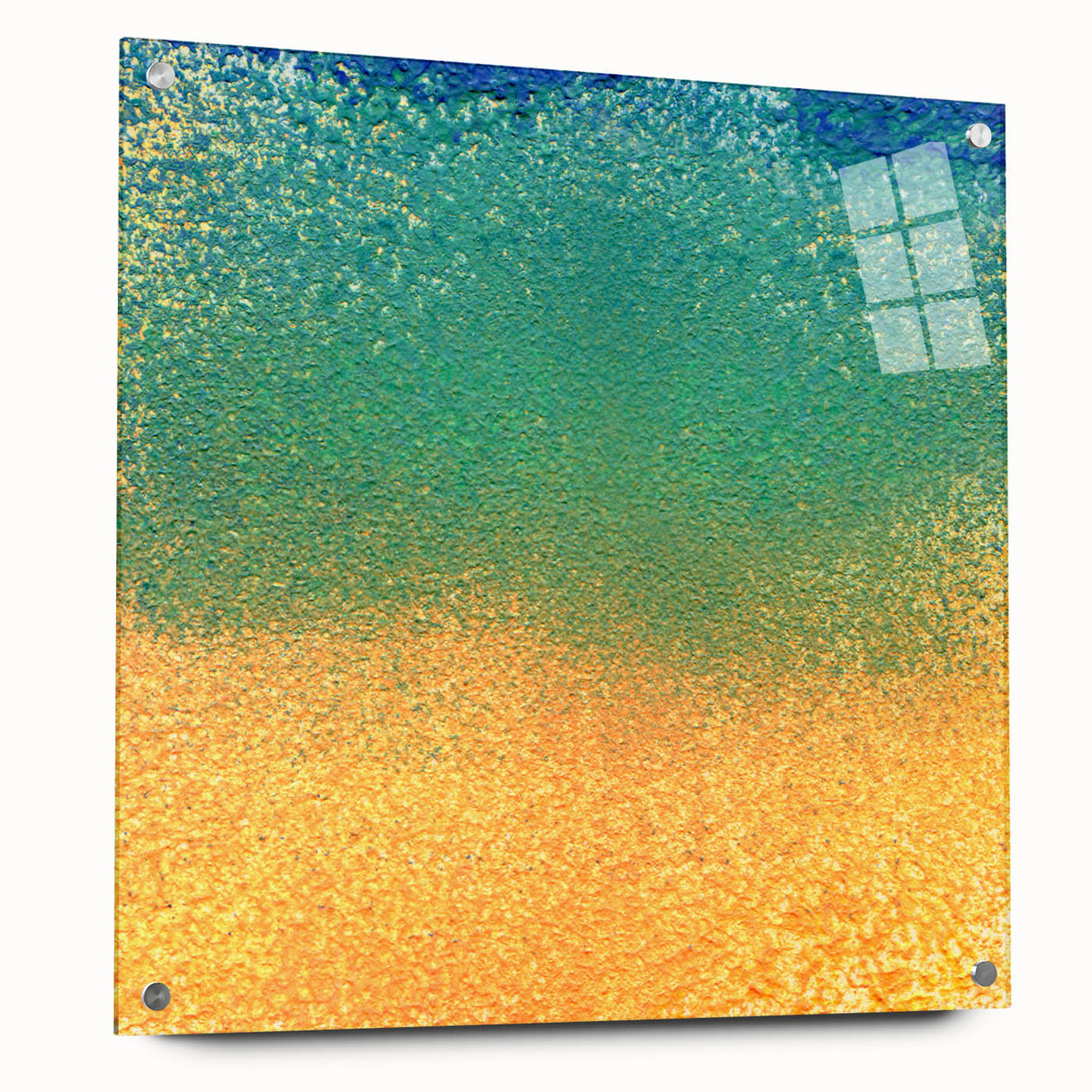 Abstract wall art featuring vibrant blue and orange strokes on acrylic glass, elegantly displayed with silver pins. Ideal for modern decor in living spaces.