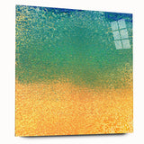 Abstract wall art print featuring vibrant, multicolored strokes on acrylic glass, showcasing a sleek side view that highlights its modern design and vivid colors. Perfect for contemporary home decor or office spaces.