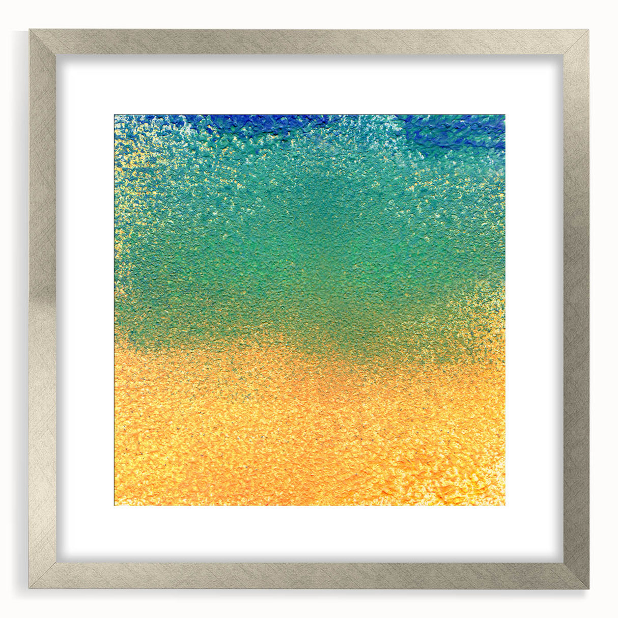 Abstract wall art featuring vibrant strokes in shades of blue, pink, and gold, framed in a sleek silver frame with a white mat, ideal for modern decor.