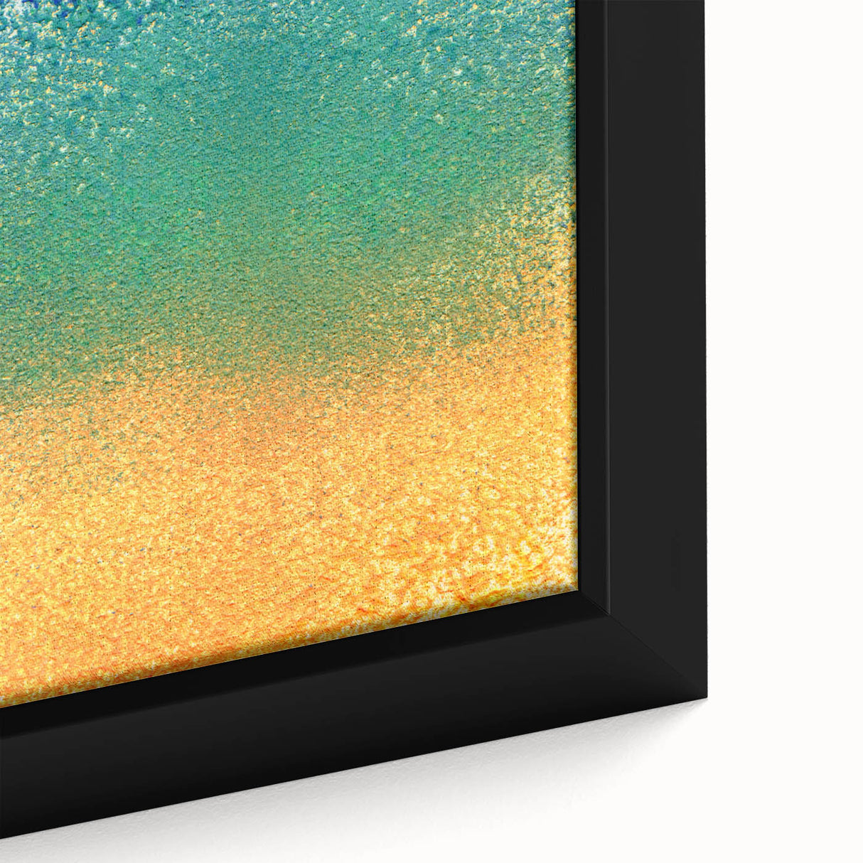 Close-up of an abstract strokes wall art piece featuring vibrant colors of blue, orange, and gold, framed elegantly for modern decor, ideal for enhancing living spaces.