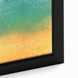 Close-up of an abstract strokes wall art piece featuring vibrant colors of blue, orange, and gold, framed elegantly for modern decor, ideal for enhancing living spaces.
