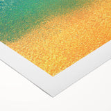 Abstract wall art featuring vibrant strokes in shades of blue, pink, and gold on rolled canvas, perfect for modern home decor. Packaged securely for delivery.