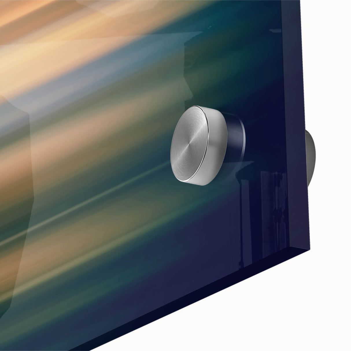 Abstract wall art close-up featuring vibrant strokes in shades of blue, orange, and gold on acrylic glass, ideal for modern decor and artistic spaces.