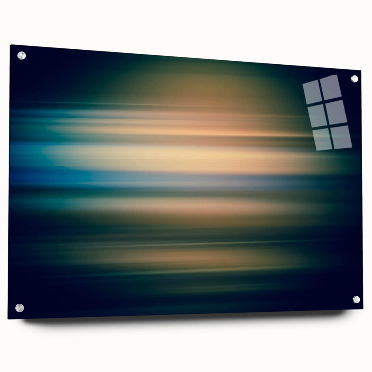 Abstract wall art featuring vibrant strokes in blue, orange, and pink, displayed in a side view with metallic pins, perfect for modern home decor.