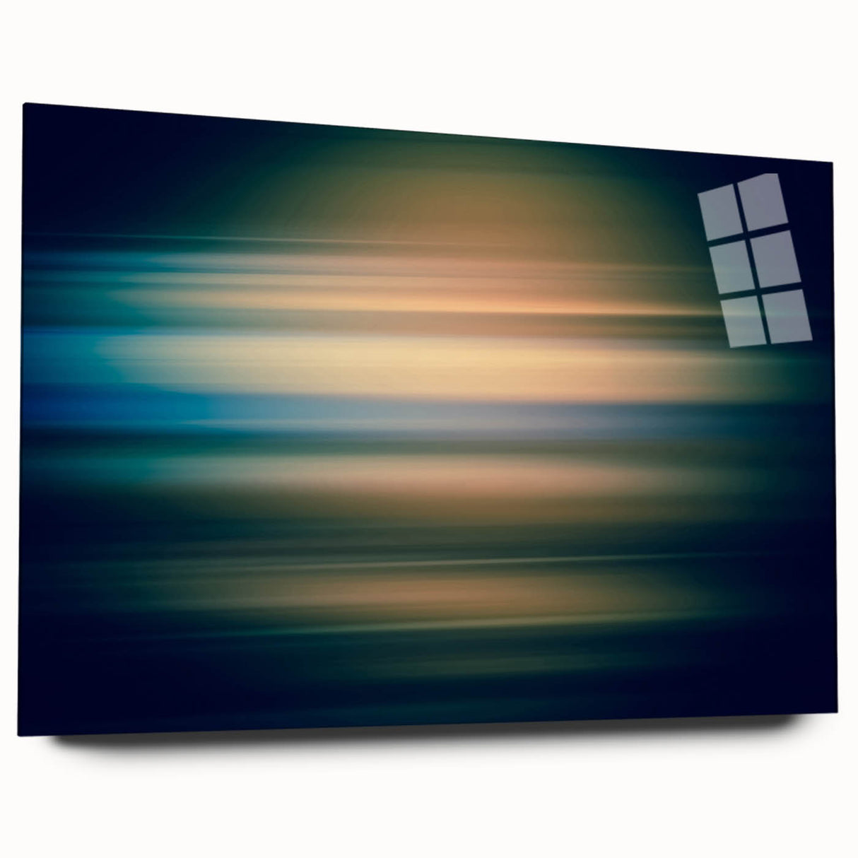 Abstract wall art featuring vibrant strokes in shades of blue, orange, and yellow, displayed in a sleek acrylic glass frame, perfect for modern home decor.