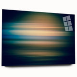 Abstract wall art featuring vibrant strokes in shades of blue, orange, and yellow, displayed in a sleek acrylic glass frame, perfect for modern home decor.