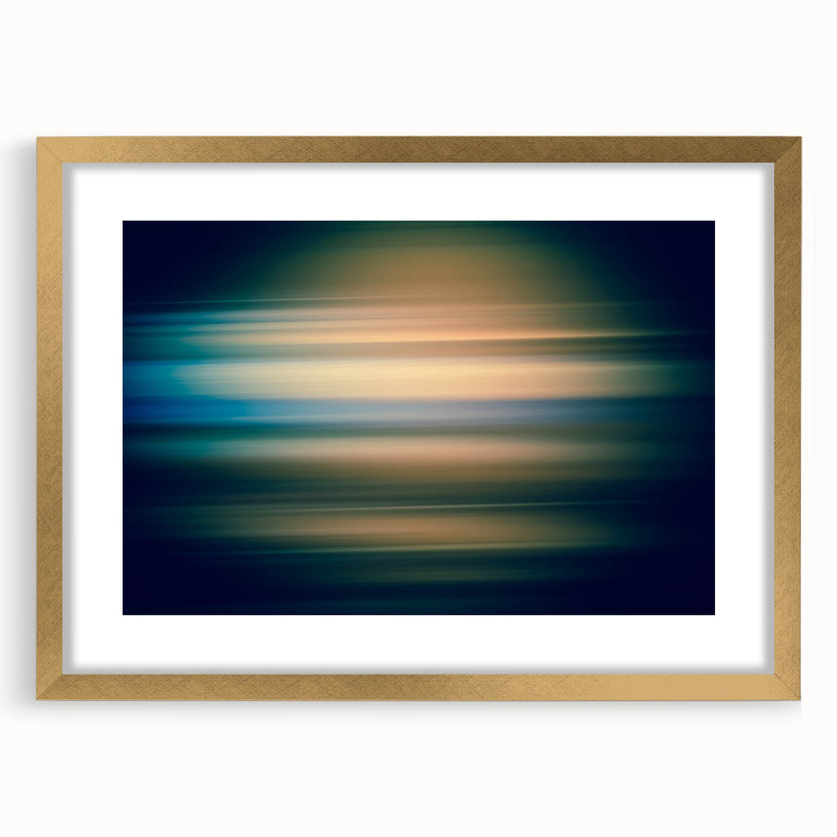Abstract wall art featuring dynamic gold and black strokes in a sleek frame with a mat, ideal for modern home decor and artistic interiors.