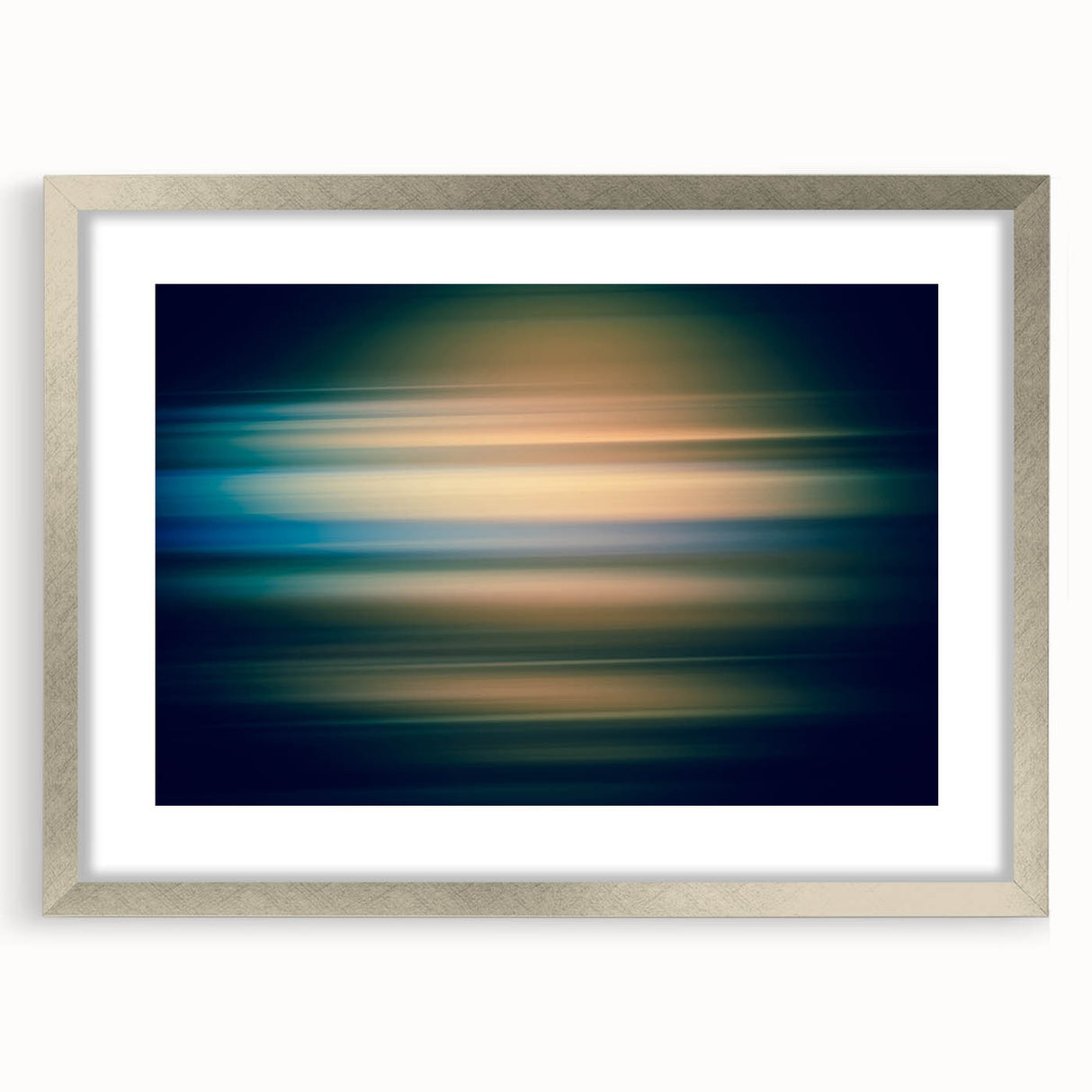Abstract strokes wall art framed in silver with a mat, showcasing vibrant colors and dynamic shapes, perfect for modern home decor. Ideal for adding a touch of elegance and creativity to any interior space.