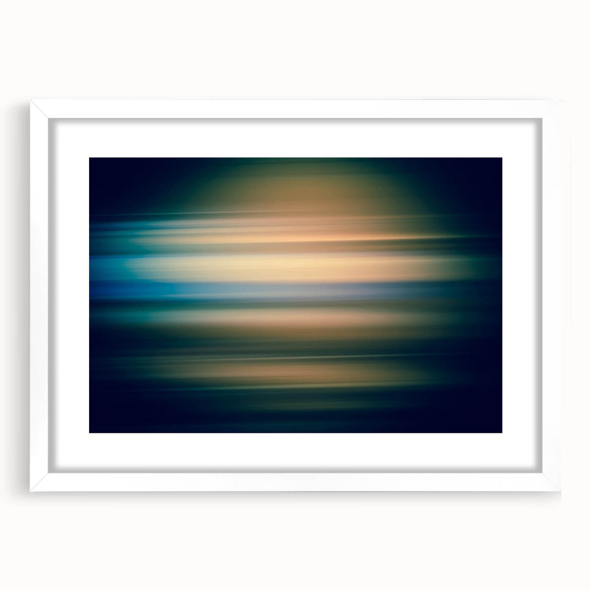 Abstract wall art featuring colorful strokes in varying shades of blue, orange, and yellow, framed with a white mat. Ideal for modern decor and artistic spaces.