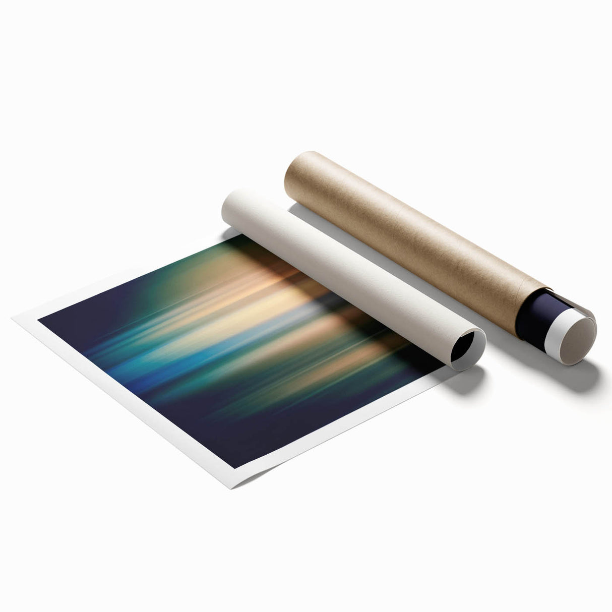 Abstract wall art print featuring vibrant strokes in blue, orange, and yellow, rolled and ready for display, perfect for modern home decor and artistic interiors.