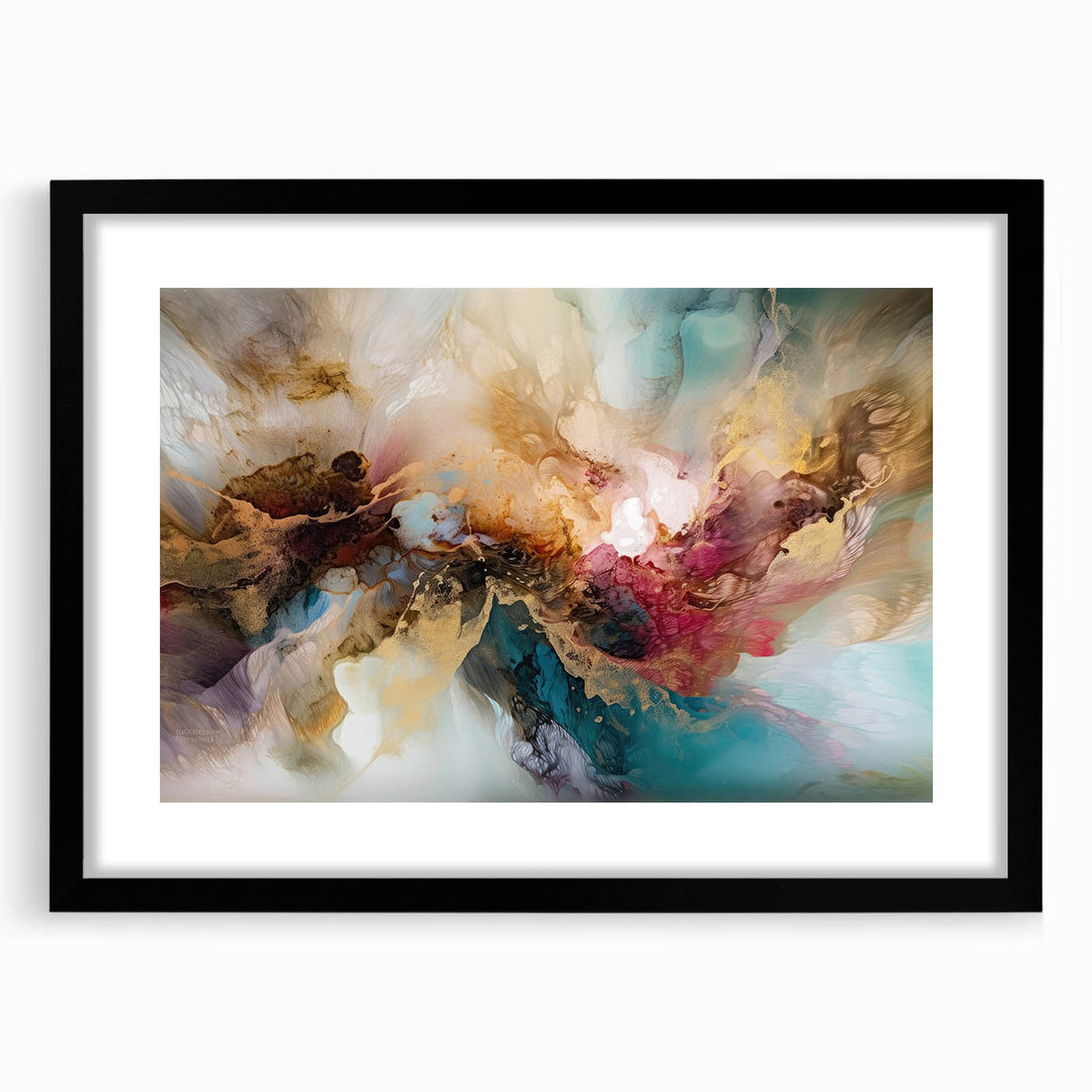 Abstract wall art featuring fluid brush strokes in various shades of blue and gold, elegantly framed in black with a white mat, ideal for modern home decor.