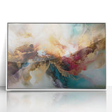 Framed abstract wall art featuring colorful strokes in shades of blue, pink, and yellow, set against a sleek white background, perfect for modern home decor.