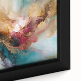 Close-up of a framed abstract strokes wall art design, showcasing vibrant colors and dynamic shapes on a textured canvas, ideal for modern decor.