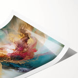 Abstract wall art print featuring vibrant strokes in shades of blue, pink, and yellow, showcasing a modern design perfect for contemporary home decor. The artwork is rolled up and ready for framing, adding a stylish touch to any living space.