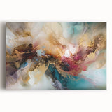 Abstract wall art canvas print showcasing colorful strokes of blue, pink, and gold against a white background, ideal for modern home decor. Perfect for adding a vibrant touch to living spaces or galleries.