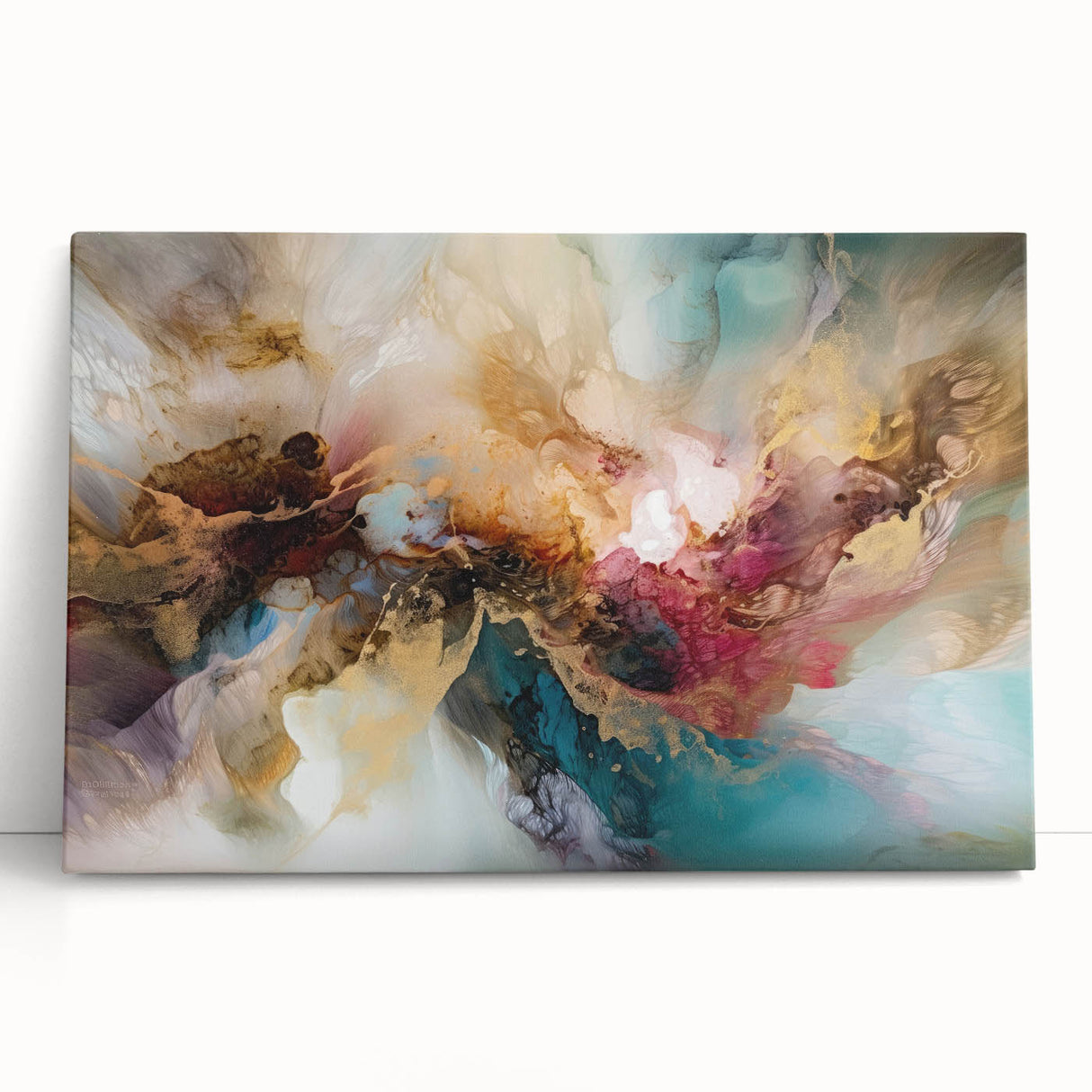 Abstract wall art featuring colorful strokes in vibrant hues of blue, pink, and yellow, stretched on canvas and leaning against a neutral wall, perfect for modern home decor.