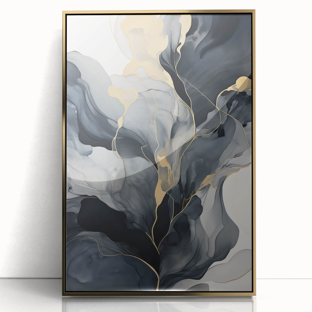 Framed abstract wall art featuring vibrant gold strokes on an acrylic background, perfect for modern home decor, enhancing aesthetics in living spaces.