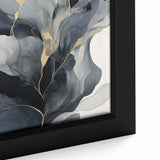 Framed canvas wall art showcasing vibrant abstract strokes in blue, gold, and white, perfect for modern home decor and artistic interiors.