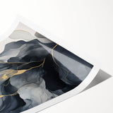 Abstract wall art print showcasing vibrant strokes in shades of blue, orange, and yellow, rolled and ready for display, perfect for modern home decor.