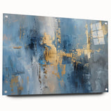 Abstract wall art featuring vibrant strokes in a blend of blue, pink, and gold hues, displayed in an acrylic glass frame with pins, perfect for modern decor.